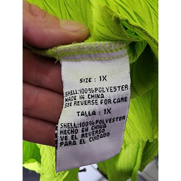 Vtg 90s Y2k Dress U Asymmetric Bright Neon Green Crinkly Bell Sleeve Long Top XL - Picture 8 of 8